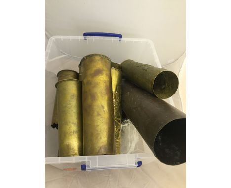 A quantity of WWI trench art artillery shells, German & English,with engraved and embossed examples.