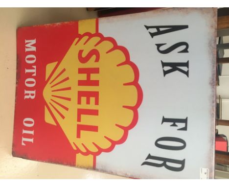 Four tin advertising signs of Shell, Castrol GTX, Esso, Dependable Service Spark Plugs