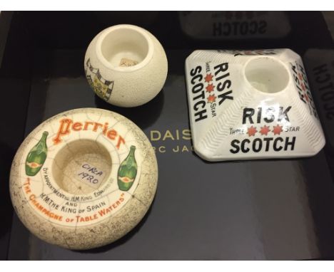 Three vintage matchstrikes, c1905: Perrier, Risk Scotch and one other
