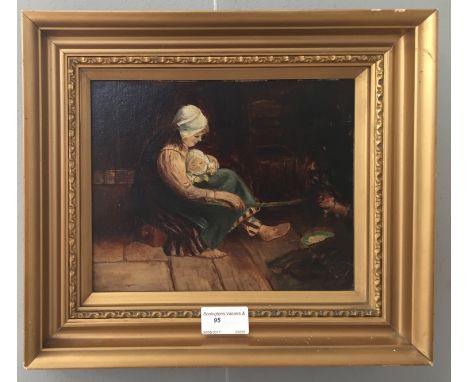 Continental School (19th century): Study of a lady with child in an interior, oil on panel, H 18 x W 22 cm