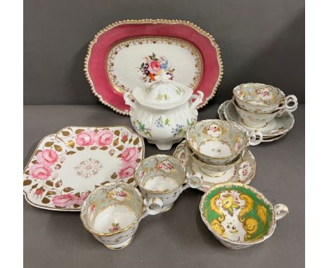A collection of antique Coalport Adelaide Shape tea and coffee cups (true trios), sucrier along with Coalport dessert dish wi