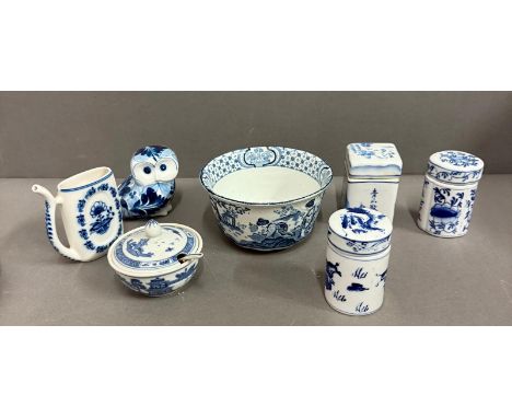 A selection of blue and white China to include tea caddy, bowls ad an owl various makers 