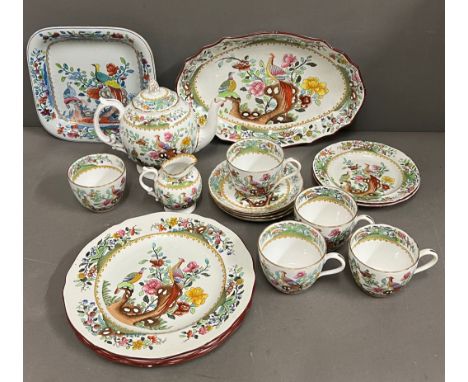 Antique Spode tea set for four in “Fancy Bird” pattern with matching dessert dish and dessert plates 