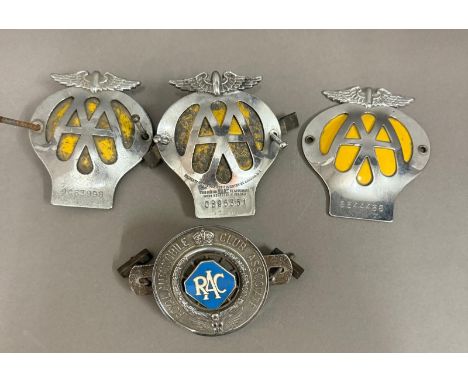 Three vintage AA grill badges and one RAC