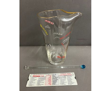 Vintage cocktail mixing jug with recipes, the blown glass has enamel print and Schweppes recipes card  to sides, (H18cm) 
