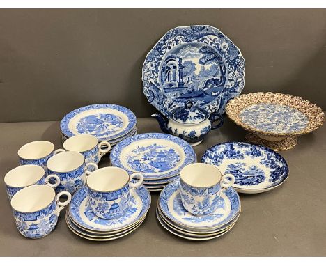 A collection of Blue and White China in Willow pattern to include trios by Royal Worcester, a comport, Minton bachelor teapot