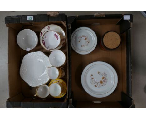 A small collection of Royal Doulton Desire dinner plates, side plates, small bowls together with Aynsley yellow floral cups &