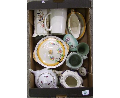 A mixed collection of items including hand decorated Solian Ware tureen &amp; gravy boat, early 20th Century teapot&amp; wate