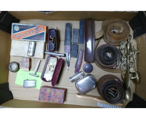 A mixed collection of items to include cut throat razors, Rolls Razors, Thorens double claw lighter, cased nose spectacles, b