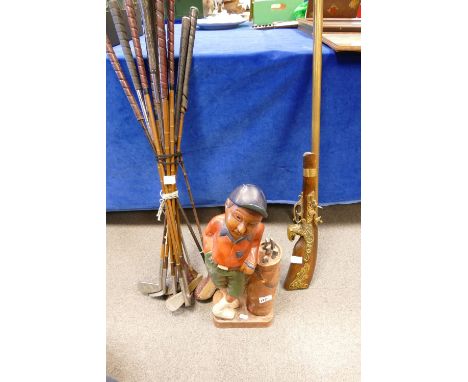 Vintage Steel shafted golf clubs together with novelty similar item and brass and wood wall hanging musket(3) 