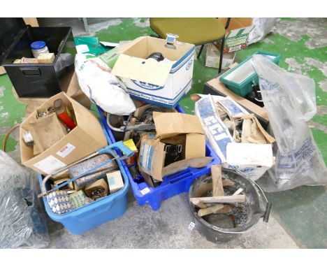 A large mixed collection of garage items to include, nails, screws, tools, rope, garden edging, crash helmet, lighting, clay 