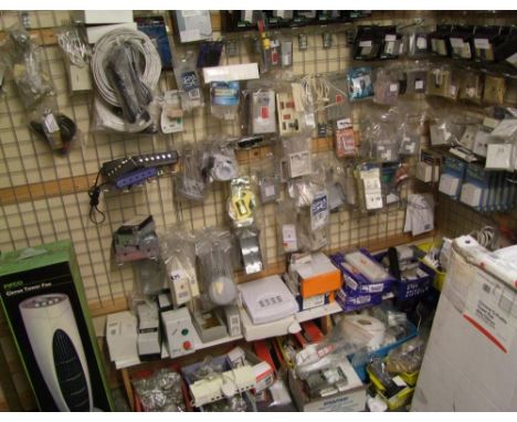A large quantity of brass/ stainless steel light switches, wiring boxes, dimmer switches, network accessories, Ariel connecto