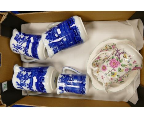 Royal Doulton earthen ware blue an white jugs together with similar James Kent floral decorated item 