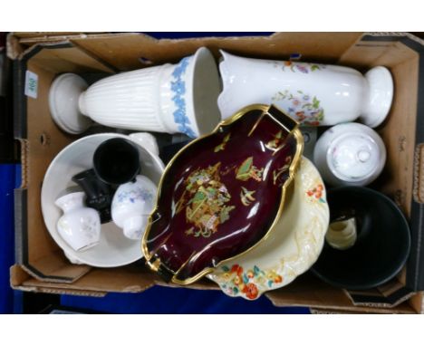 A mixed collection of items including Embossed Clarice Cliff fruit bowl, Wedgwood Queens ware Fruit Bowl and vase, Aynsley Co