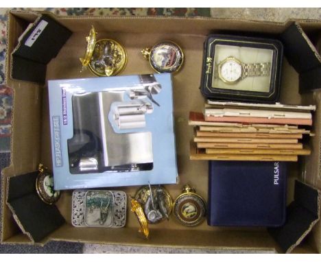 A mixed collection of items with hunting theme including modern pocket watches(with stands), boxed hip flask set, Pulsar and 