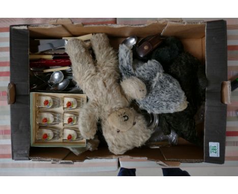 A mixed collection of items including Chad Valley and Alpha branded vintage Teddy Bears, Vanity Mirrors, Cutlery etc 