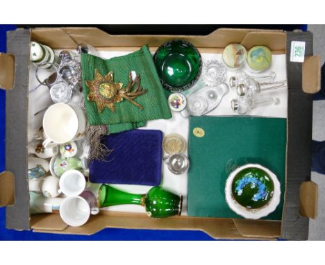 A mixed collection of items including Masonic sash, shielded pottery, painted boxes etc 