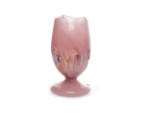 GLASS TABLE LAMP OF VASART DESIGNof tulip form over circular base, in mottled pink, with multi-coloured swirl inclusions, 25c