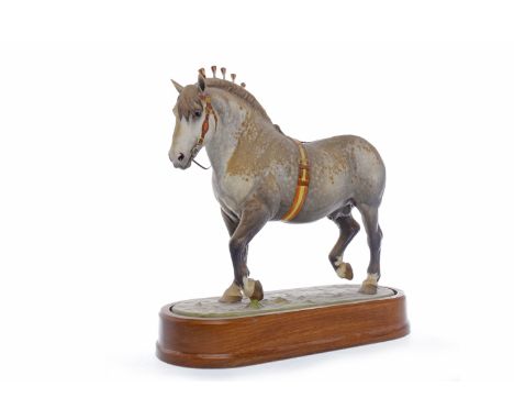 ROYAL WORCESTER MODEL OF A 'PERCHERON STALLION' by Doris Lindner circa 1965, of a limited edition, raised on a wooden plinth,
