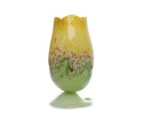 GLASS TABLE LAMP OF VASART DESIGNof tulip form over circular base, in mottled green and yellow, with multi-coloured millefior