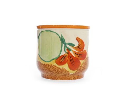 CLARICE CLIFF 'NASTURTIUM' PATTERN JARof cylindrical form, hand painted with flowers on a white ground, with printed marks to