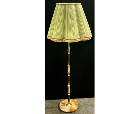 A mid 20th century green onyx and gilt metal standard lamp with shade, approx 155cm high overall 