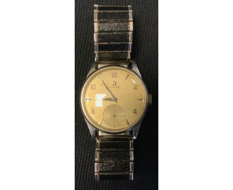 Omega - a vintage 1950s 9286 stainless steel cased wristwatch, case no 13329, silver textured dial, Arabic numerals and arrow