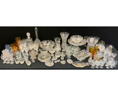 Glass - a lead crystal cut glass decanter;  others;  bowls, cake stand, Amber glass lemonade set, wine, aperitif and other dr