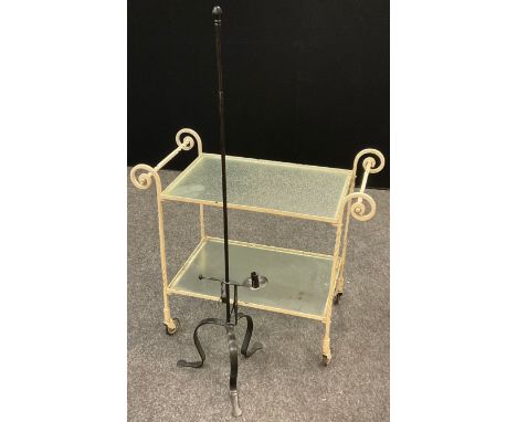A 19th century style height adjustable iron candelabrum, tripod base, 128cm high;  a wrought iron two tier trolley, (2). 
