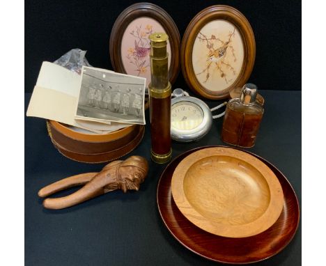 A brass three drewer telescope, named F Harris, London Bridge, 55.5cm long fully extended;  leather cased glass hip flask; co