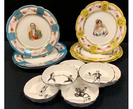 A set of three French porcelain character plates, Napoleon , Josephine, Marechat Lefebvre blue and gilt border; crowned N mar
