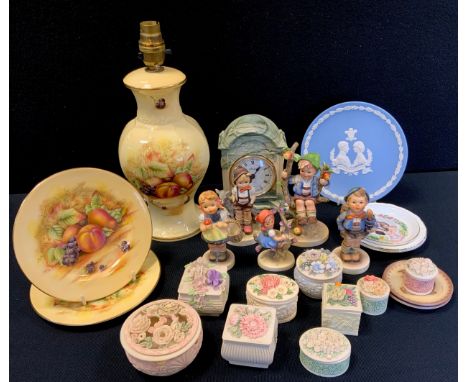 Ceramics  - Aynsley Orchard Gold table lamp;  plates;  Goebel figures, small plaques;  trinket boxes;  Wedgwood jasperware et