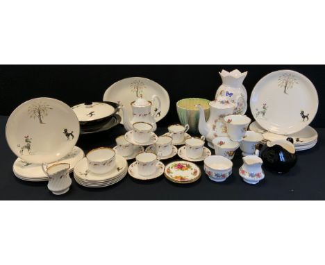 A Retro British Anchor pottery 1960s dinner set, Poodles, black border, inc two tureens and covers, dinner plates, side plate