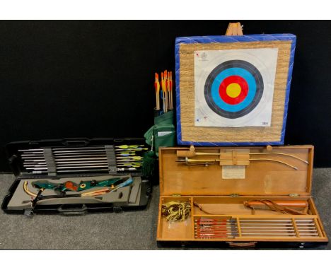 Archery Equipment - Portland 2000 recurve bow, cased,  vintage Accles &amp; Pollock ltd Apollo Merlin two piece tubular metal