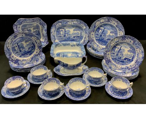 A Spode Italian blue and white dinner service for six comprising, one large meat dish, a pair of vegetable dishes, six soup b