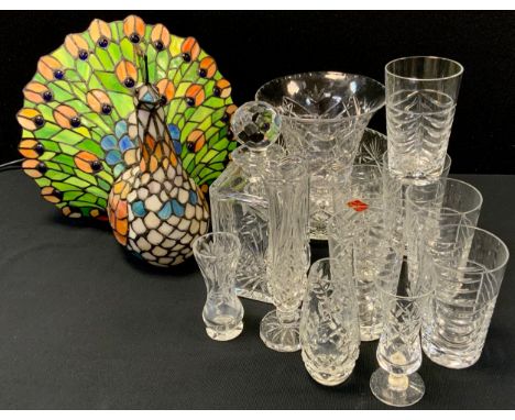 A leaded stained glass multi-coloured table lamp, as a Peacock, 29.5cm high;  set of six Royal Brierly crystal tumblers;  sto