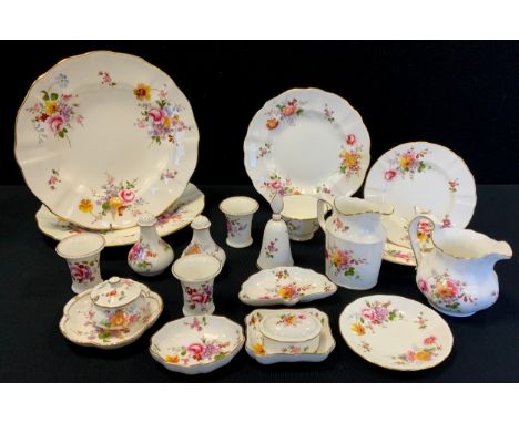 Royal Crown Derby - Posies pattern inc two dinner plates, side plate, cream and milk jugs, table bell, three piece condiment 