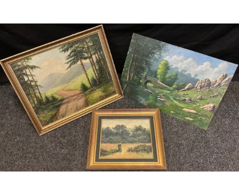 K. Eggerder, ‘From Woodland edge, to the High Hills’, signed, dated 1955, label to verso, oil on board, 41cm x 50cm;  another