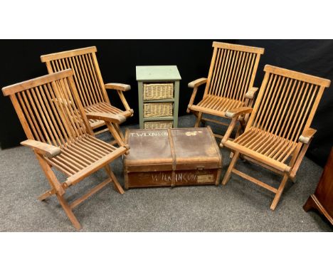 A set of four hardwood collapsible garden / deck chairs;  a small wicker and painted wood drawer unit;  a steamer trunk. 