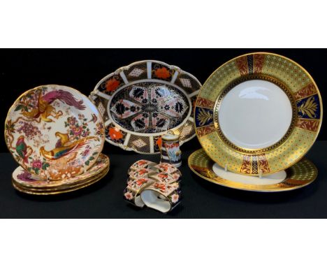 Royal Crown Derby oval footed bowl, acorn handles, 28.5cm x 20cm;  pair of Veronese pattern plates;  six 2451 napkin rings;  