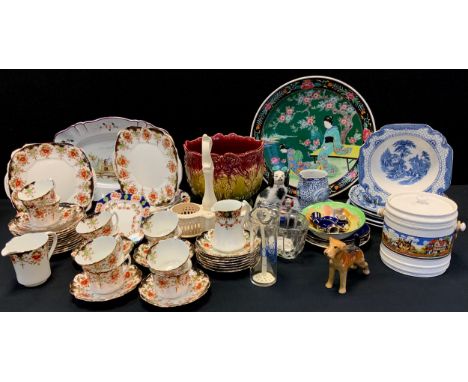 A Wellington China Alton pattern tea set;  Majolica planter, shaped rectangular meat plate;  Chinese charger, etc 