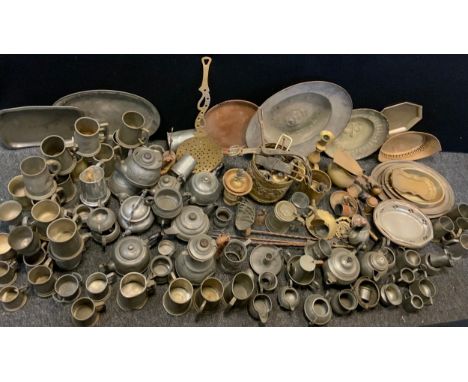Metalware - Pewter, Arts &amp; Crafts tea seton tray;  jugs, tankards, brass planter, copper tray,  Horse Tack, candlestick e
