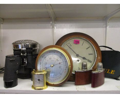 A pair of hip flasks, a modern bedside clock, an oak cased clock, a bag of modern boules, a barometer, a pair of Canadian bin