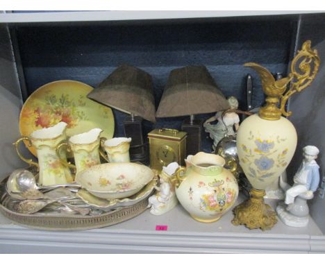 A mixed lot to include silver plated cutlery and trays, a carriage clock, Lladro and Nao figures and other items