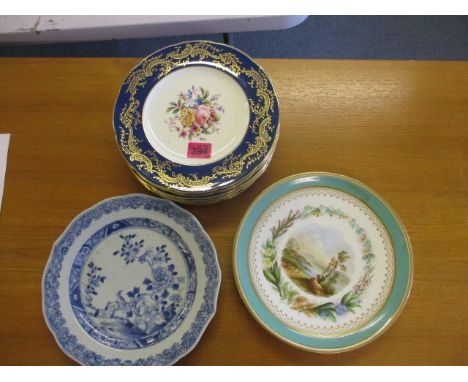 A set of six Coalport china plates, made for Harrods, an 18th century Chinese blue and white plate and a Worcester plate