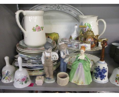 Collectors' and decorative wall plates, two Nao figures, a cake stand, and mixed china to include a meat platter and jugs