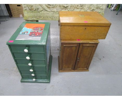 A small six-drawer green painted chest decorated to the top with a Notting Hill Gate bus, 20 3/4 x 11 1/2 x 15 1/2, a mahogan