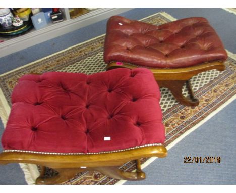 Two mid 20th century mahogany button upholstered stools, 18h x 27w