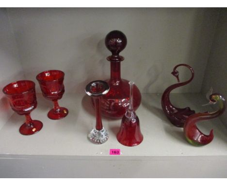 Late 20th century red Art glass to include an ornamental decanter with stopper