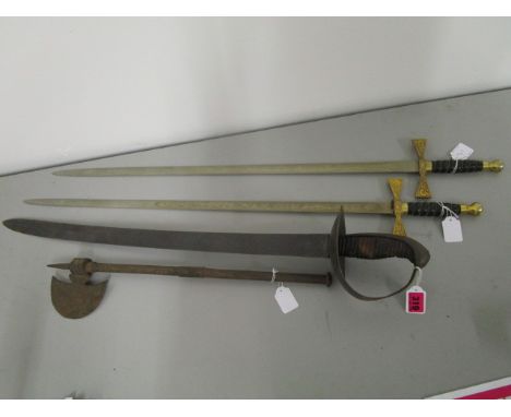Two Wilkinson Sword lodge style dress swords, a 19th century sword with unpierced steel guard, leather and woven wire hand gr